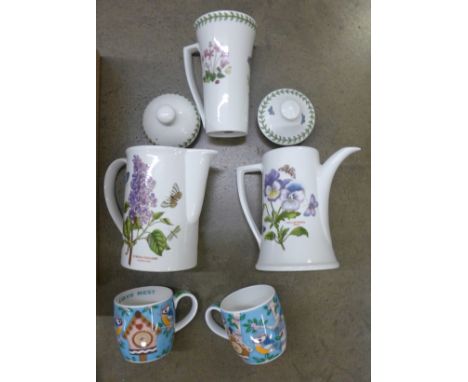 Five Portmeirion Botanic Garden teapots and coffee pots and a box of various mugs and Royal Worcester mugs (2 boxes) **PLEASE