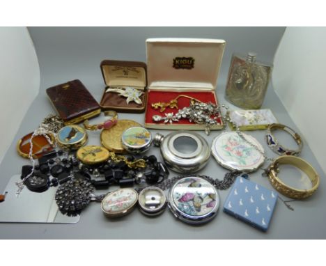 Compacts, hip flask, pill boxes, costume jewellery, etc. 