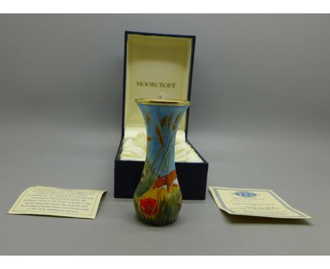 A Moorcroft enamel vase, Cornfield, 18/75, with certificate, 8.2cm, boxed 