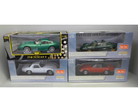 Four 1:18 scale die-cast model vehicles, 3 x Sun Star; Lotus Elise, 1966 Lotus Elan S3 and 1966 Lotus Elan Cirrus White and J