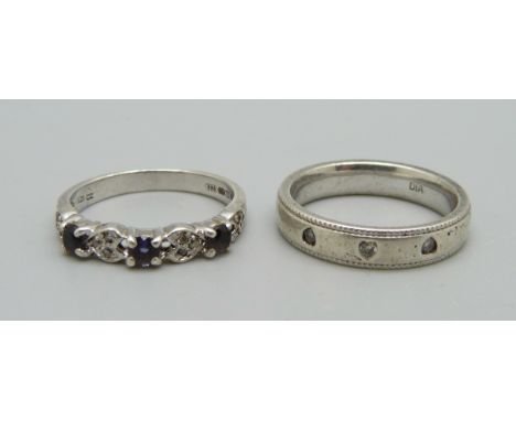 A silver and diamond ring and one other silver and stone set ring, L and M 