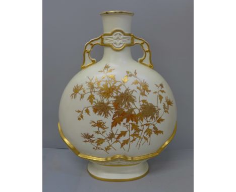 A Royal Worcester moon flask vase, with hole near bottom for conversion to a table lamp, 37cm 