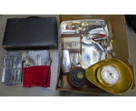 A box of assorted items including scales, plated flatware and a clock **PLEASE NOTE THIS LOT IS NOT ELIGIBLE FOR POSTING AND 