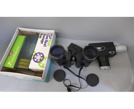 A Shunkor Super Zoom 300 video camera, a pair of binoculars and a box of camera slide cases 