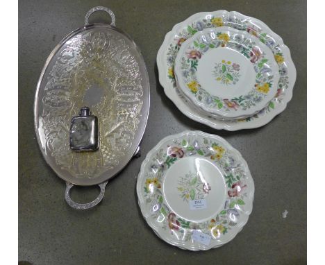 A large oval silver plated tray, hip flask and Royal Doulton Stratford large serving plate and six plates **PLEASE NOTE THIS 