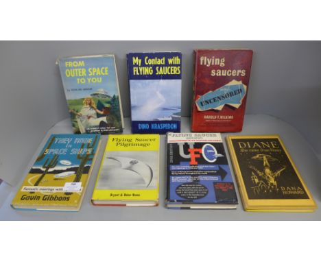 A collection of seven UFO related books, all first editions and 1950's onwards, including Flying Saucer Pilgrimage, My Contac