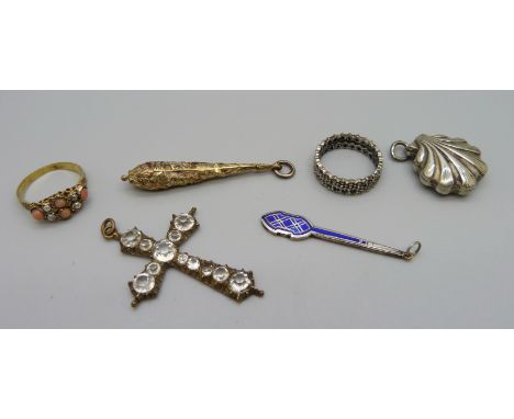 A Victorian coral and pearl set ring, Q, a cross pendant, two pendants, etc. (ring lacking marcasite) 