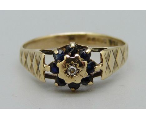 A 9ct gold, sapphire and diamond cluster ring, 1.6g, O 