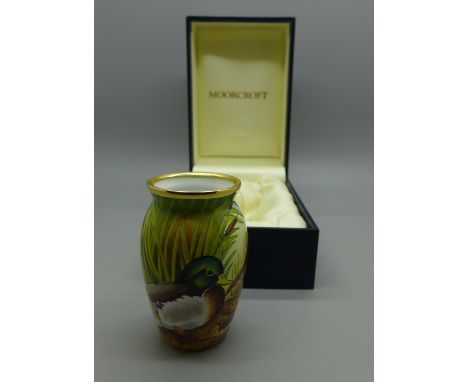 A Moorcroft enamel vase, Mallard Ducks, 6.2cm, boxed 