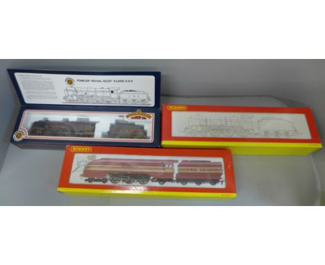 Two Hornby and one Bachmann 00 gauge locomotives, R2179 6225 Duchess of Gloucester, R2182A Patriot Class 5XP locomotive EC Tr