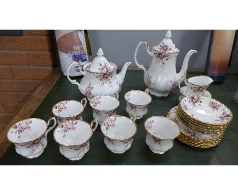 Royal Albert Cottage Garden teaware, coffee pot, teapot, seven cups, six saucers, six plates, sugar and cream (second quality