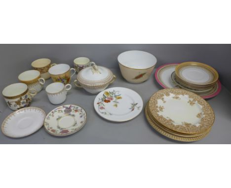 Early Royal Worcester hand painted cups, saucers, some in brown colourways, twenty-three items 