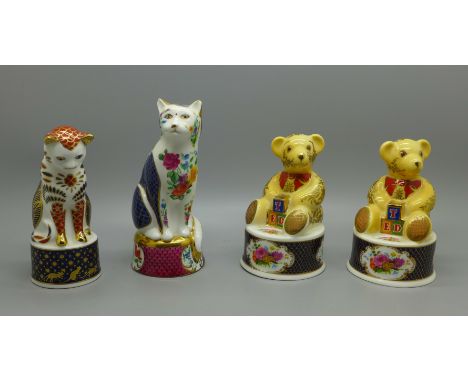Four Royal Worcester candle snuffers, Teddy Bear x 2, Nelson Cat and Giles Cat, boxed 