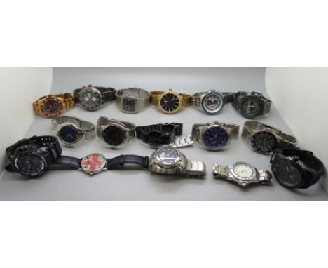 A collection of wristwatches including Tommy Hilfiger, Casio, Armani Exchange, Invicta, etc. 
