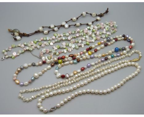 Four freshwater pearl necklaces and a bracelet 