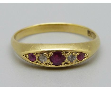 An 18ct gold, ruby and diamond ring, 3.4g, O 