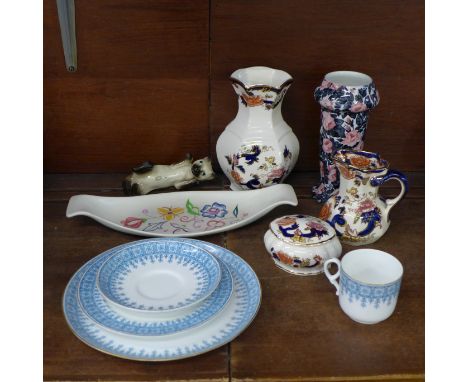 A collection of mixed china including Royal Worcester, Poole, Masons and a Beswick cat 