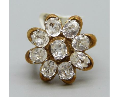 A 9ct gold white stone cluster ring, 6.2g, N 