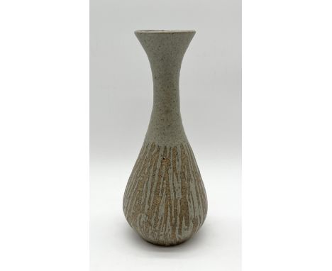 A studio pottery vase of waisted form with drip glaze decoration impressed with "C" mark to base, possibly Joanna Constantini