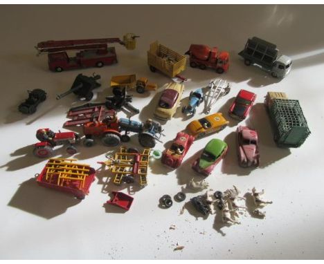 Playworn vehicles by Corgi, Dinky and Matchbox including Simon Snorkel fire engine, tractors and cars, F-P (Est. plus 21% pre