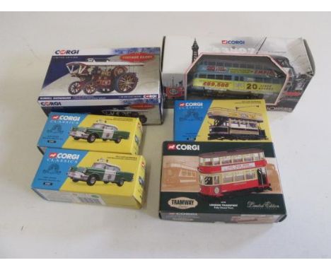 Corgi Vintage Glory Showmans engine, three tram models and two San Diego police cars, all items boxed, E (6) (Est. plus 21% p