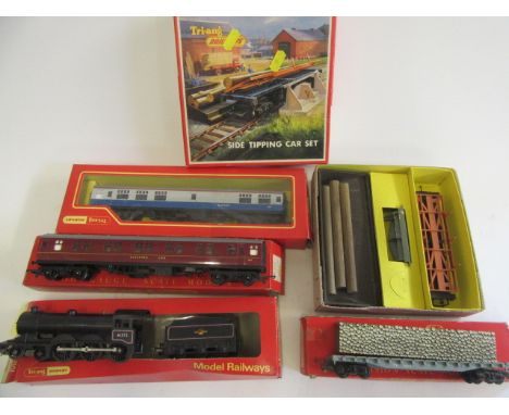 Triang Hornby R39 B12 in B.R. black, R339 B.R. Sleeping Car, R729 B.R. Buffet Car, R235 Pulp Wood Car and R345 Sid Tipping Ca