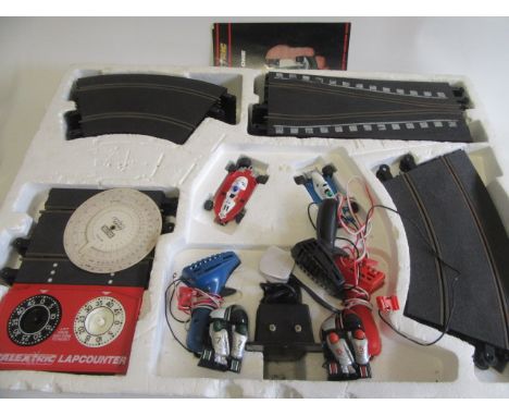 Scalextric 500 race car set with two cars and track together with two motorcycle and side car riders, boxed F (Est. plus 21% 