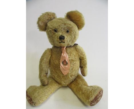 A pre-war "George" growler teddy, with clear glass eyes, sewn nose and mouth, faux leather pads, and silk George VI tie, 23" 