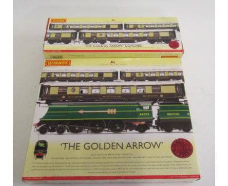 Hornby Golden Arrow Train Pack with locomotive and three Pullman coaches, boxed, G, and a Golden Arrow Coach Pack with three 