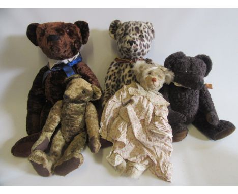 Five modern collectors bears, comprising a 29" Paula Bears brown bear, an 18 1/4" Paula Bears musical bear, a 26" leopard pri