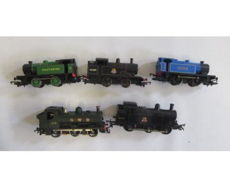 Five small Hornby tank locomotives including G.W.R. pannier tank and B.R. 0-6-0 Jinty tank, F-G (Est. plus 21% premium inc. V