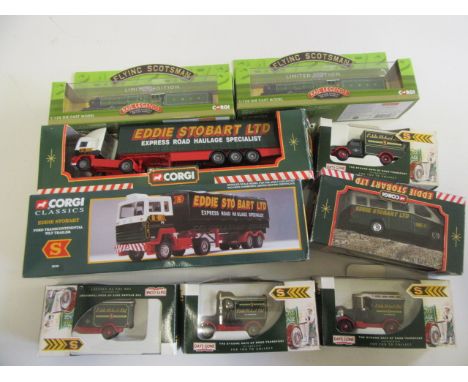 Seven Eddie Stobart truck models by Corgi and Lledo and two Corgi Flying Scotsman diecast models (Est. plus 21% premium inc. 