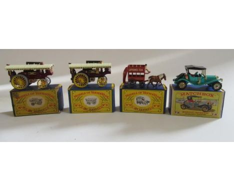 Matchbox Yesteryear No 9 Showmans engine, box AF, G, No 9 Showmans Engine box G, model E, No 12 Horsedrawn Bus, box E, model 