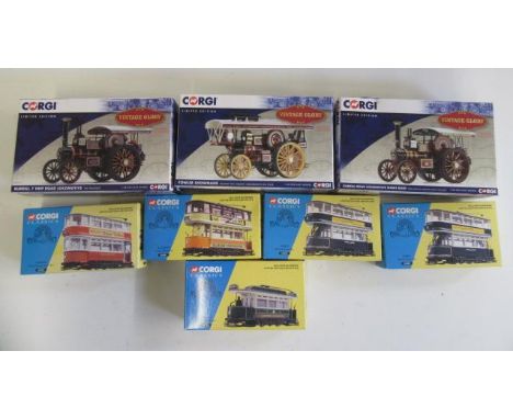 Corgi Vintage Glory Showmans engine and two Burrell road engines together with five Classics Tram cars, boxed E-M (8) (Est. p