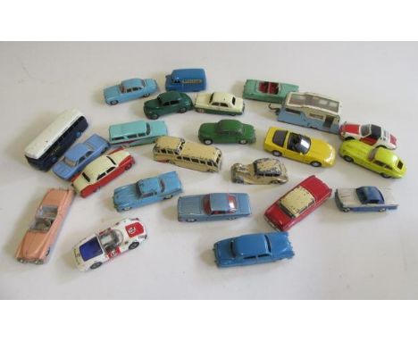 Playworn cars by Dinky and Corgi including caravan, bus, Rover 90 and E Type, F-P (Est. plus 21% premium inc. VAT)