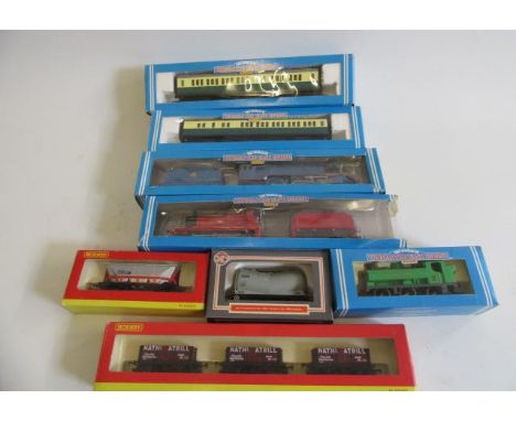 Hornby Thomas locomotives and rolling stock comprising R383 Gordon, R382 Duck, 2-6-0 No 5, 2 R120 coaches, R249 MGR hopper, R