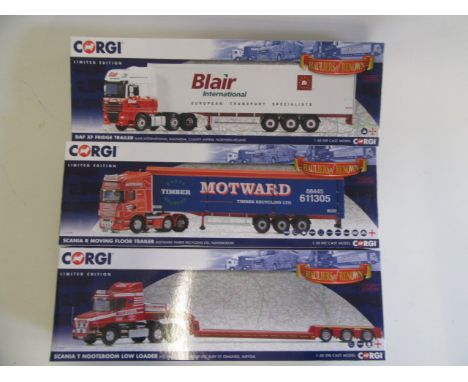 Corgi 1:50 scale trucks comprising Scania R Moving Floor Trailer, Scania T Low Loader and DAF XF, all items boxed M (Est. plu