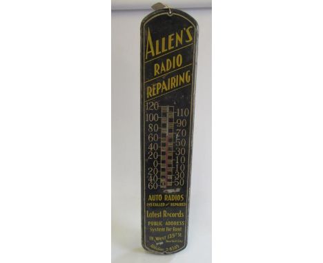 An advertising sign for Allen's Radio Repairing, with central thermometer, 38 3/4" high (Est. plus 21% premium inc. VAT)