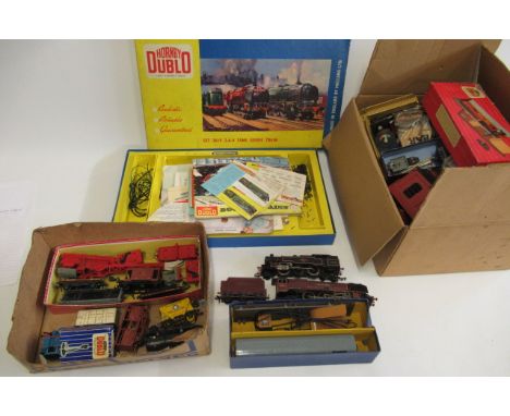 Hornby Dublo playworn trains including A4 Golden Fleece, City of London locomotive, 2-6-4 B.R. tank, goods truck, coaches and