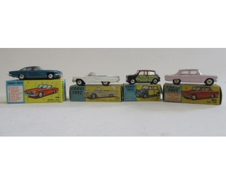 Corgi 232 Fiat 2100, box P, model G-E, 249 Mini Cooper, box P, model G, 215 Ford Thunderbird, box P, model F and 241 Ghia L64