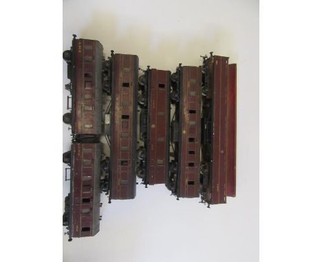 Six O gauge coarse scale three rail coaches of wooden construction by C.B. Smith, some damage, paint loss, parts missing, P (