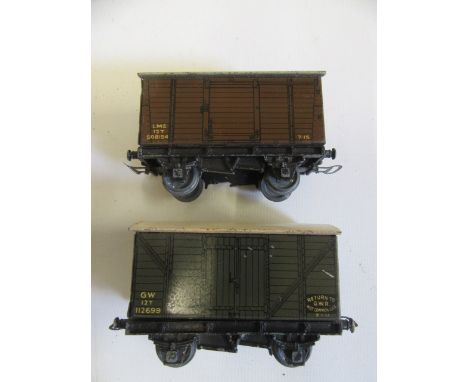 Two pre war Hornby Dublo wagons L.M.S. and G.W.R., F (Est. plus 21% premium inc. VAT)
