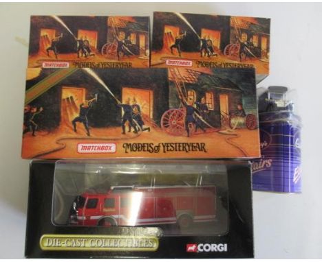 Corgi Boston fire engine, Cadbury's Chocolate van and Matchbox Yesteryear fire engines YE19-M, YFE24M and YSFE01, boxed M (Es