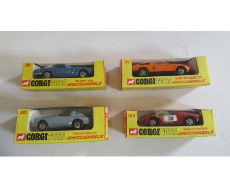 Corgi Whizzwheels 382 Porsche Targa 911, 388 Mercedes Benz C111, 301 Grifo and 344 Ferrari 206, boxes G-E, vehicles E (Est. p