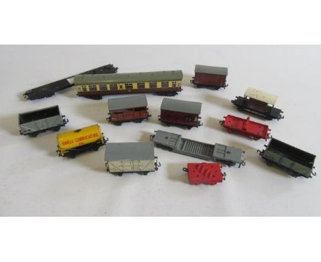 Hornby Dublo B.R. wagons including tank wagon, cattle truck and part G.W. coach, F-G (Est. plus 21% premium inc. VAT)