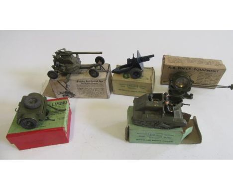 Britains military vehicles comprising RA Limber, AA Gun on chassis, Bren Gun and Crew, 25 Pounder Howitzer and Air Force Sear