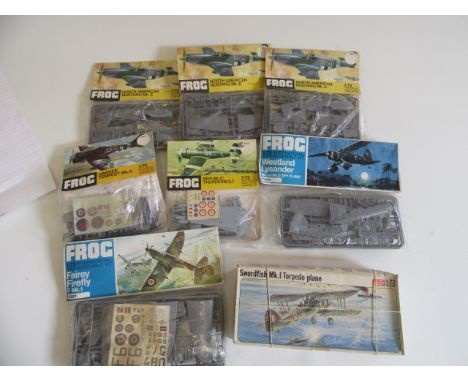 Eight vintage Frog 1/72 scale Aircraft Kits comprising three Mustang, Hawker Tempest, Thunderbolt, Lysander, Firefly and Swor