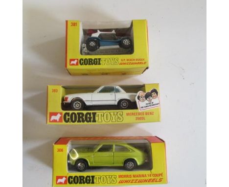 Corgi Whizzwheels 306 Morris Marina, 381 G.P. Beach Buggy and 393 Mercedes SL350, boxes G-E, vehicle E (Est. plus 21% premium