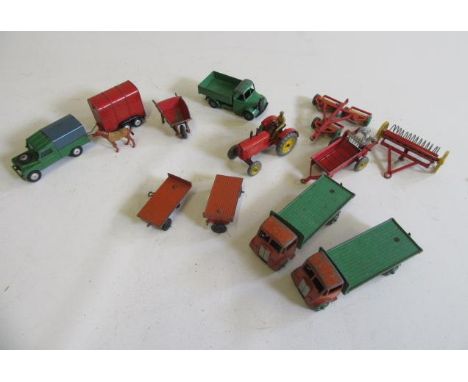 Playworn Dinky vehicles including farm tractor and equipment, Guy flat bed lorries, Bedford and a Corgi Land Rover and horse 
