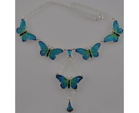 A silver and enamel set butterfly necklace